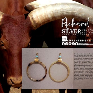 Puede incluir: Pendientes de aro hechos a mano con un diseño único, con un poste relleno de oro y una cuenta turquesa. Los pendientes se muestran con una vaca marrón en el fondo. El texto "Richard Anton SILVER" es visible.