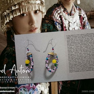 May include: Handcrafted silver drop earrings with floral fabric, yellow and green beads, and silver hooks. The earrings are part of the Richard Anton Silver collection, with the Etsy shop name and social media handles visible.