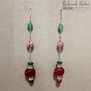 Tibetan-Inspired Dangle Earrings | Ruby, Agate, Chalcedony | Sterling Silver Hooks