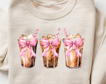 Retro Comfort Iced Coffee Sweatshirt, Coquette Bow Women T-shirt, Aesthetic Mom Shirt, Iced Coffee Lover Gift, Coffee Addicted Tee