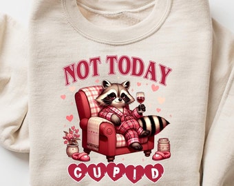 Felpa divertente per San Valentino, maglietta divertente con procione, girocollo con meme sarcastico di San Valentino, maglietta con Cupido "Not Today", regalo estetico per San Valentino