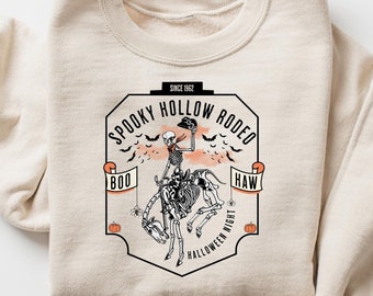 Camisa de rodeo de Halloween Retro Comfort, camiseta de rodeo hueco espeluznante, camisa de esqueleto de vaquero, regalo de Halloween Howdy, vaquera espeluznante, camisa de otoño