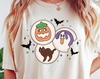 Camiseta de biscoito de açúcar de Halloween, moletom fantasma de abóbora de gato assustador, camiseta de biscoitos de Halloween, moletom de Halloween, gostosuras ou travessuras