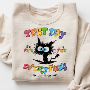 May include: Beige sweatshirt with the text "TEST DAY" in rainbow colors, along with the phrases "It's fine, I'm fine, Everything is fine" and a distressed black cat graphic. The sleeves are rolled up.
