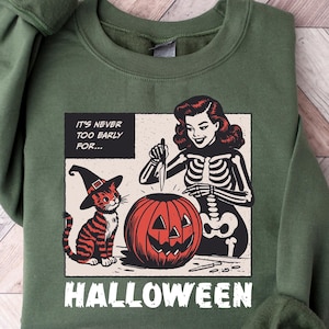 Retro Halloween Sweatshirt, It&#39;s Never Too Early For Halloween Shirt, Cat Halloween Tshirt, Scary Black Cat Shirt, Spooky Season Crewneck
