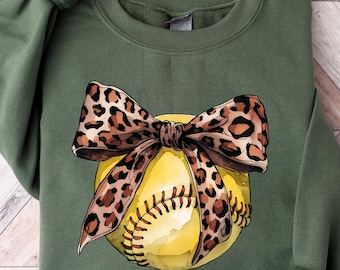 Felpa Softball Coquette, T-shirt con fiocco Coquette leopardato, Maglietta per il giorno della partita, Regalo per mamme sportive, Maglietta per la stagione del softball, Girocollo con fiocco Coquette
