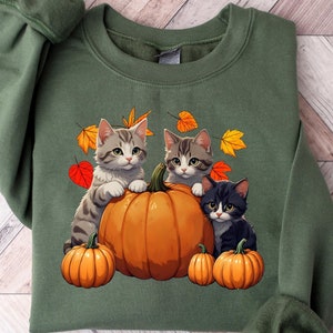 Katzen Herbst Herbst Sweatshirt, Thanksgiving Shirt, Katzenliebhaber T-Shirt, Thanksgiving Geschenk, Katze Herbst Blätter Baum Rundhalsausschnitt, Herbst Liebhaber Hoodie