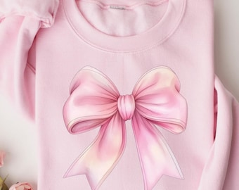 Toile De Jouy Pink Bow Sweatshirt, Coquette Girl T-Shirt, Feminine Retro Bow Crewneck, Pink Ribbon Soft Girl, Aesthetic Women Gift