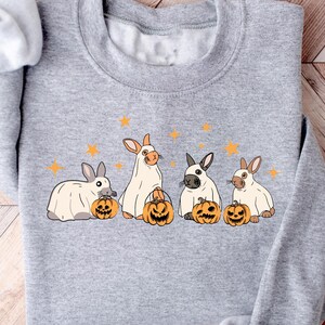 Felpa di Halloween con simpatico coniglio fantasma, maglione con coniglio spettrale fantasma, maglietta con vibrazioni di Halloween, girocollo con stagione spettrale, regalo di Halloween