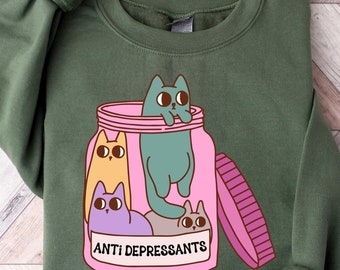 Felpa con gatti antidepressivi, maglietta divertente con gatto, maglietta sulla salute mentale, felpa con cappuccio divertente contro l'ansia, girocollo per amanti dei gatti, maglietta grafica per proprietari di gatti
