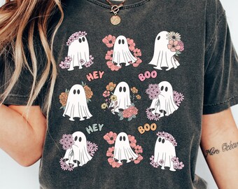 Retro comfort schattig spookshirt, sweater bloemen spook, Halloween-spookshirt, T-shirt Spooky Season, Halloween-shirt dames, Halloweencadeau