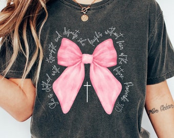 Camisas cristianas retro cómodas, camisa con lazo rosa y versículo bíblico, camiseta cristiana coqueta, camisa inspiradora para mujer, suéter coquette para mamá