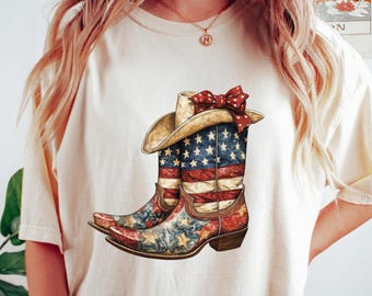 Camiseta retro cómoda del 4 de julio, camiseta con botas vaqueras y bandera estadounidense, regalo patriótico del oeste, camiseta vaquera del 4 de julio, cuello redondo Freedom