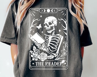 Retro Comfort The Reader Tarot Card Shirt, Skeleton Reading Shirt, Unisex Tarot Card Shirt, Book Lover Gift, Halloween Tee, Tarot Lover Gift
