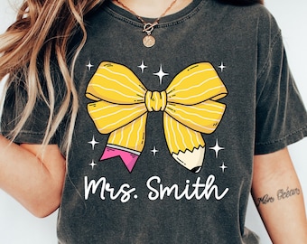 Personalized Back to School Teacher T- Shirt, Retro Teacher Coquette Pencil Bow Tee, First Day of School Teacher Gift, Teacher Matching Tees