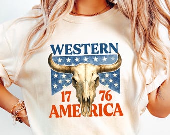 Retro Comfort Western 1776 America Shirt, USA Flag T-shirt, Women's Fourth Of July Gift, Patriotic Cowgirl Tee, Red White And Blue Shirt