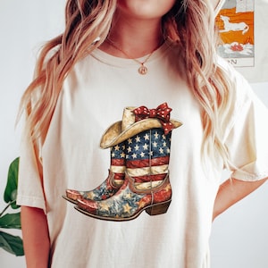 Retro comfort 4 juli T-shirt, shirt Amerikaanse vlag cowboylaarzen, sweater Western USA, 4 juli cadeau, cowgirl Independence Day T-shirt