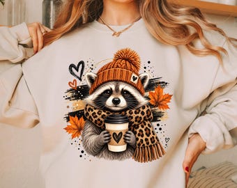 Sweat-shirt mignon à motif raton laveur et café, pull d'automne, écharpe léopard, haut pour Thanksgiving, cadeau douillet pour les amateurs de café