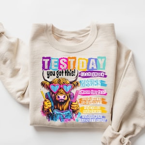May include: Cream-colored sweatshirt with a colorful graphic that reads "TEST DAY you got this!" featuring a cartoon Highland cow wearing heart-shaped sunglasses and holding a pencil. The sweatshirt also has motivational phrases.