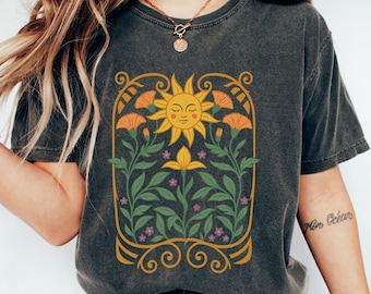Retro comfort T-shirt wilde bloemen, damesshirt boho bloemen, inspirerende moedersweater, mystiek meisjescadeau, art nouveau ronde hals
