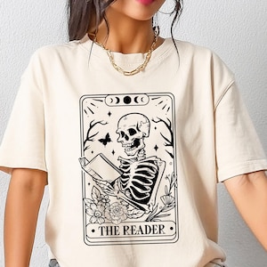 Camiseta de la Carta del Tarot del Lector, Camiseta de Lectura de Esqueleto, Sudadera para Amantes de los Libros, Regalo para Bibliotecarias, Camiseta de Cuello Redondo para Mujeres Aficionadas a los Libros, Camiseta Divertida de Lector