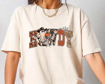 Camiseta de Halloween del oeste con "Hola fantasma", camiseta de fantasma de otoño de vaquero, camiseta retro de temporada espeluznante, sudadera rústica de calabaza de otoño, regalo espeluznante de "Hola fantasma"