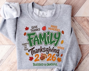T-shirt « Thanksgiving en famille 2026 », T-shirt assorti avec motif dinde, Vêtements pour les fêtes d'automne : « Bénis et reconnaissants », Tenue familiale pour Thanksgiving