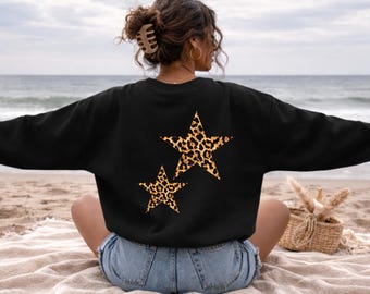 Sweat à capuche oversize imprimé léopard et étoiles, Sweat-shirt tendance à imprimé léopard et étoiles, Tenue d'automne, T-shirt léopard et étoiles