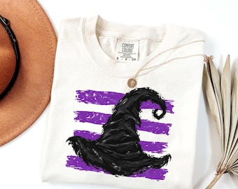 T-shirt rayé chapeau de sorcière Comfort Colors pour Halloween, tenue pour la saison des frissons, t-shirt de sorcière pour Halloween, cadeau magie noire, accessoire pour fête d'Halloween