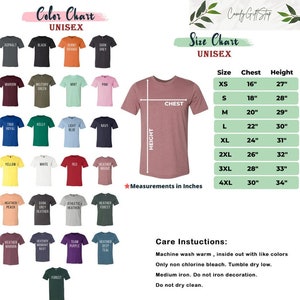 May include: Unisex t-shirt size chart with measurements in inches. The chart shows chest and height measurements for sizes XS to 4XL. The chart also includes a color chart with 20 different color options for the t-shirt.