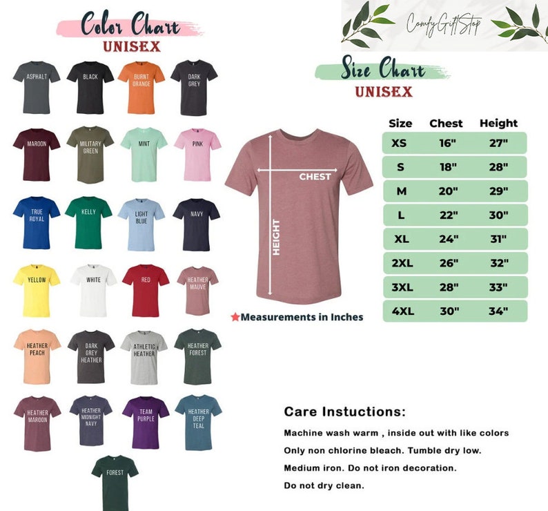 May include: Unisex t-shirt size chart with measurements in inches. The chart shows chest and height measurements for sizes XS to 4XL. The chart also includes a color chart with 20 different color options for the t-shirt.