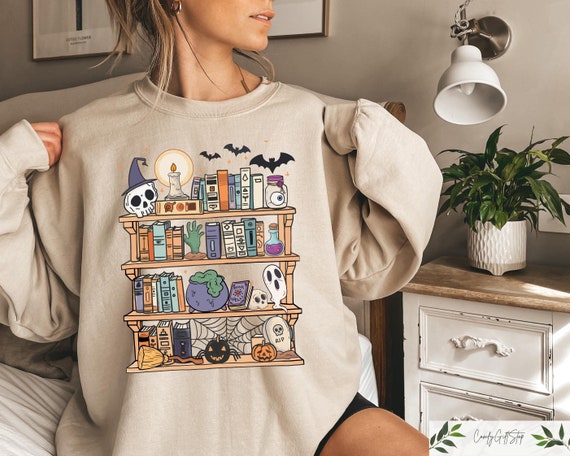 Halloween Retro Ghosts Reading Books Sweatshirt, Teacher Librarian Halloween Gift, Spooky Season Trendy Shirt, Halloween Gift For Book Lover