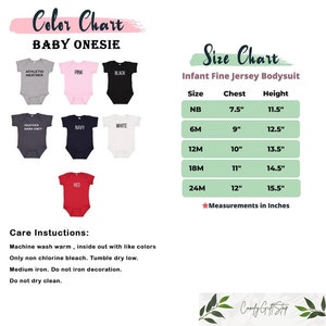 May include: Color chart for baby onesies in various colors, including athletic heather, pink, black, heather dark grey, navy, white, and red. Size chart for infant fine jersey bodysuits with measurements in inches for sizes NB, 6M, 12M, 18M, and 24M.