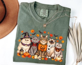 T-shirt Comfort Colors® Halloween Chat, T-shirt Chats Effrayants et Mignons, Cadeau d'Automne pour les Amoureux des Chats