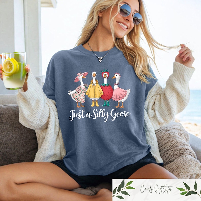 May include: A blue t-shirt with a graphic of four geese dressed in different outfits. The geese are wearing a hat, a raincoat, a strawberry costume, and a pink dress. The text "Just a Silly Goose" is printed below the geese.