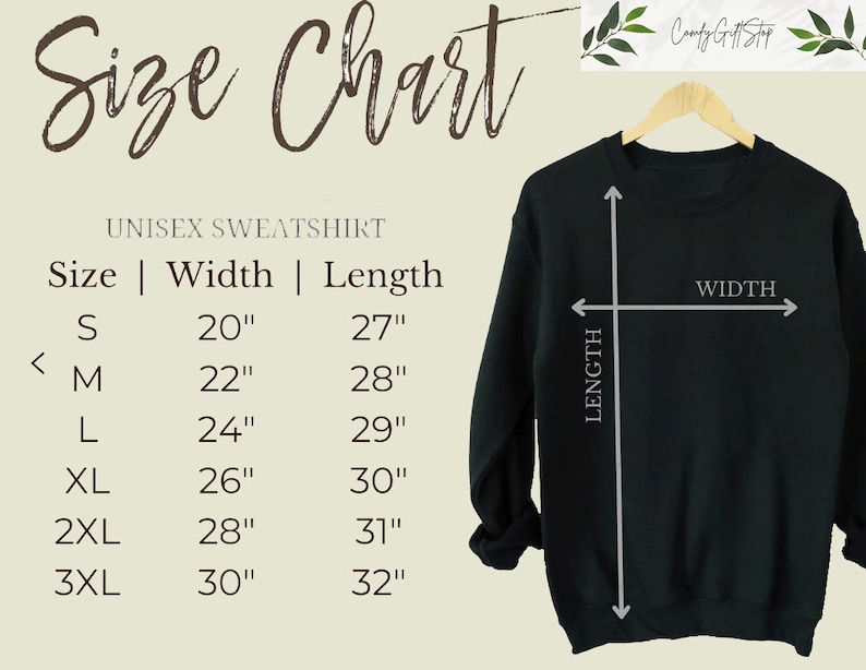 May include: Size chart for a unisex sweatshirt. The chart shows the width and length in inches for sizes S, M, L, XL, 2XL, and 3XL. A black sweatshirt is shown with the width and length measurements marked.