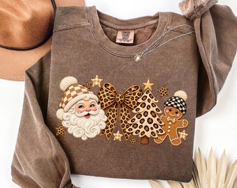 Sweat-shirt de Noël Comfort Colors® Léopard Pull Père Noël Pain d'épice Nœud de Noël Pull sapin de Noël Beige Vichy tendance