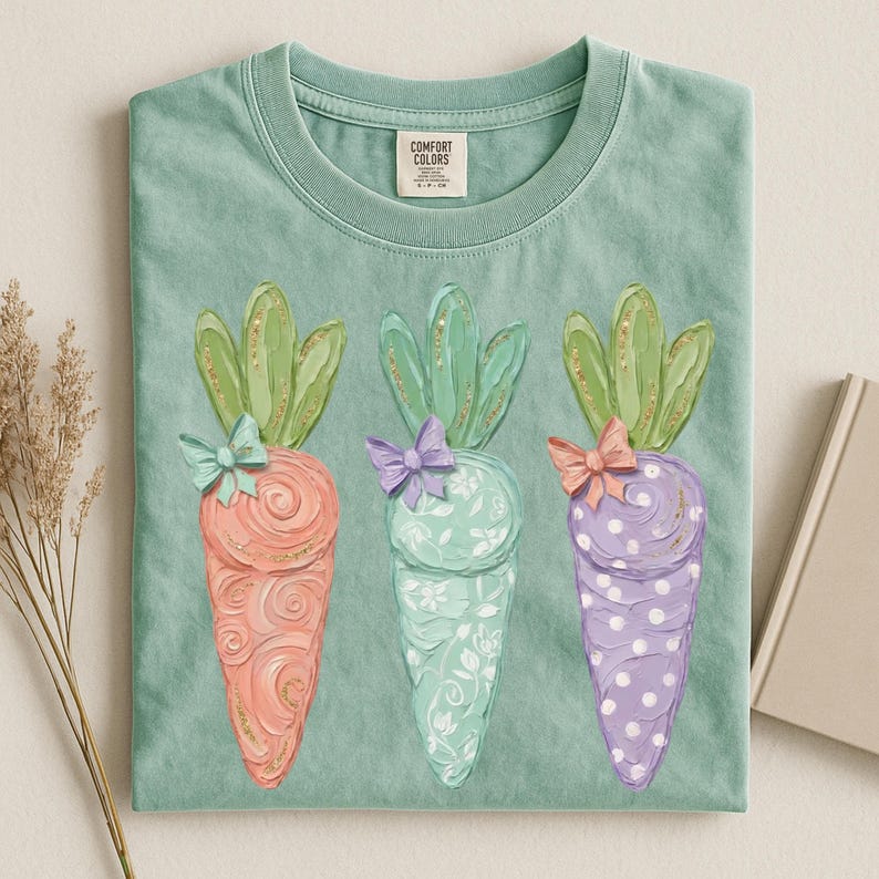 May include: A light green t-shirt featuring three decorative carrots. Each carrot is a different color: peach, mint, and lavender, with green tops and bows. The peach carrot has gold swirls, the mint carrot has a floral pattern, and the lavender carrot has white polka dots.