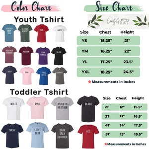 May include: Color chart for youth and toddler t-shirts. The chart shows different color options for youth t-shirts in sizes YS, YM, YL, and YXL. The chart also shows different color options for toddler t-shirts in sizes 2T, 3T, 4T, and 5T. Measurements are in inches.