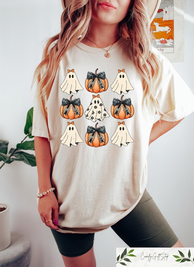 Camisa de Halloween cómoda y coqueta, linda camisa de calabaza de Halloween, remera con lazo de calabaza, remera con lazo de calabaza y coqueta, sudadera con fantasma y coqueta imagen 2
