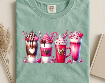 Valentinstag Kaffee Shirt, Damen Kaffee Liebhaber Tshirt, Valentinstag Geschenk, Lehrer Herz Outfit, süßes rosa Latte T-Shirt, Valentinstag Kaffee Top