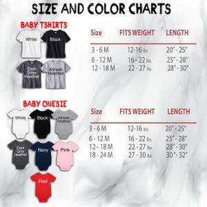 Puede incluir: Tablas de tallas y colores para camisetas y bodies de beb&eacute;. Las camisetas vienen en blanco, negro, gris oscuro jaspeado y jaspeado atl&eacute;tico. Los bodies vienen en blanco, negro, gris oscuro jaspeado, azul marino, rosa y rojo.
