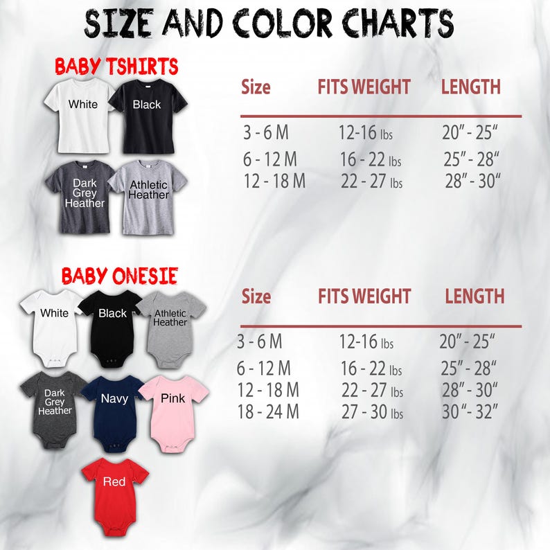 Puede incluir: Tablas de tallas y colores para camisetas y bodies de beb&eacute;. Las camisetas vienen en blanco, negro, gris oscuro jaspeado y jaspeado atl&eacute;tico. Los bodies vienen en blanco, negro, gris oscuro jaspeado, azul marino, rosa y rojo.