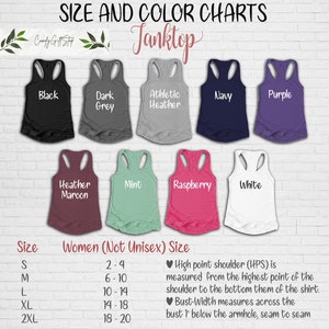 May include: Size chart for women's tank tops in various colors, including black, dark grey, athletic heather, navy, purple, heather maroon, mint, raspberry, and white. The chart shows the corresponding bust measurements for each size: S (2-4 inches), M (6-10 inches), L (10-14 inches), XL (14-18 inches), and 2XL (18-20 inches).
