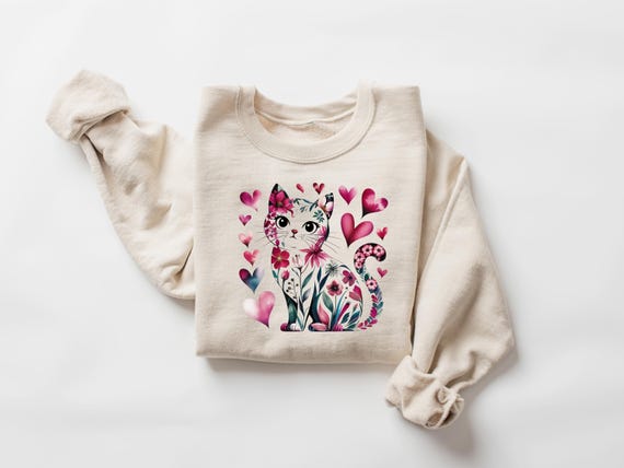 Cat Loves Valentines Sweatshirt, Women's Cat Lover Gift, Valentine Sweater, Heart Graphic Tee, Romantic Cat Shirt, Cute Love Kitten Apparel