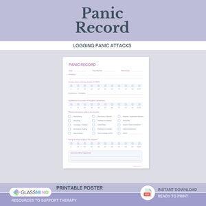 May include: A printable panic record log sheet with a light blue background and white text. The sheet includes sections for date, time started, time ended, situation, anxiety before entering situation, predictions/thoughts, confidence in accuracy of thoughts/predictions, physical sensations while in the situation, rating of actual anxiety in the situation, and outcome/what happened.