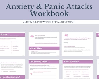 May include: A 50-page workbook with purple and pink accents, titled "Anxiety & Panic Attacks Workbook". The workbook includes worksheets and exercises to help manage anxiety and panic attacks. The cover features illustrations of a cycle of fear, the alarming nature of physical sensations and thoughts during an attack, and the difference between panic and anxiety.