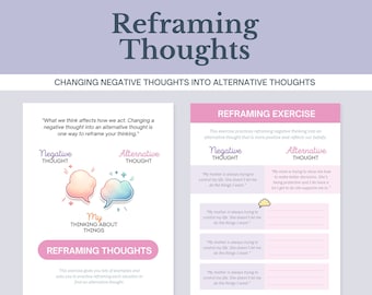 May include: Printable worksheet with a pink and blue color scheme. The worksheet is titled "Reframing Thoughts: Changing Negative Thoughts into Alternative Thoughts". The worksheet includes a section for negative thoughts and a section for alternative thoughts. The worksheet also includes a section for reframing thoughts.