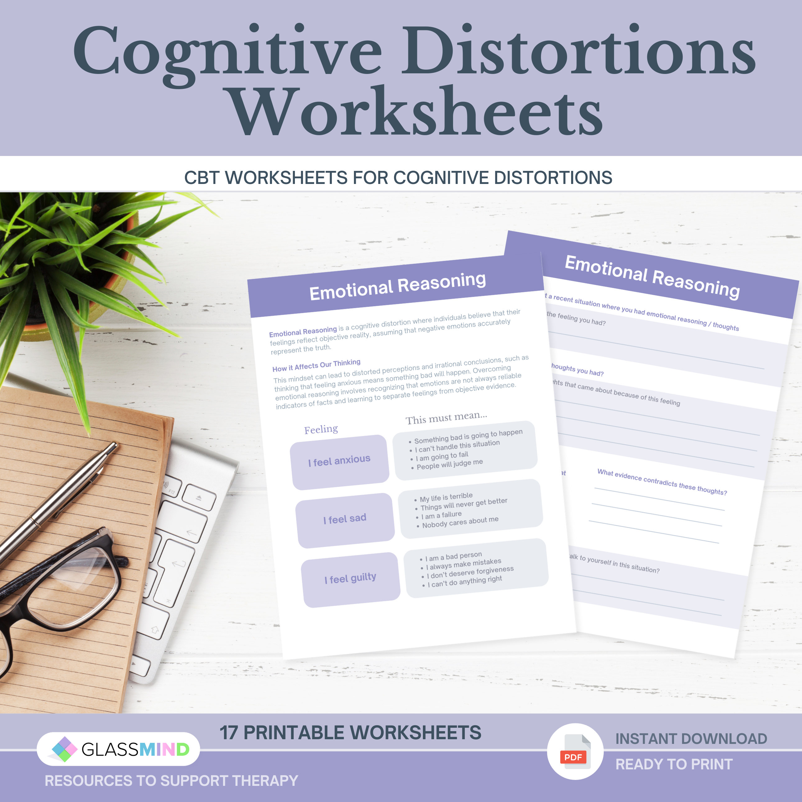 Cognitive Distortions CBT Worksheets Pack for Reframing Thoughts ...