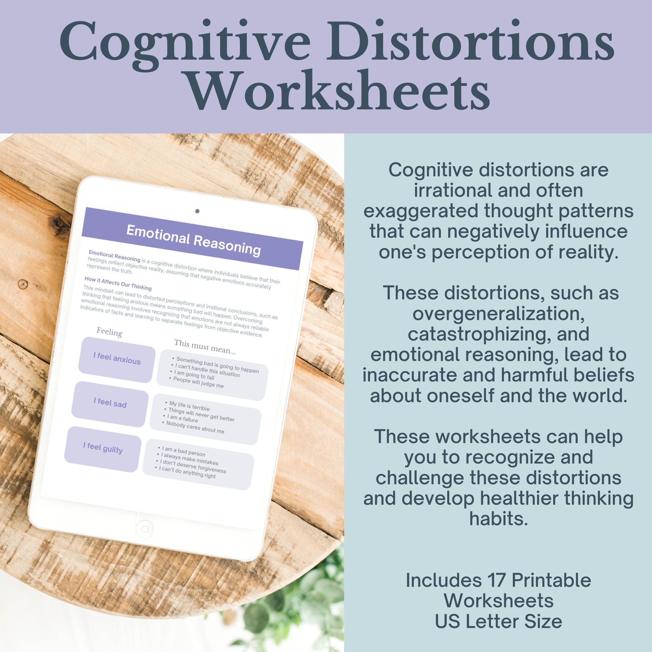 Cognitive Distortions CBT Worksheets Pack for Reframing Thoughts ...